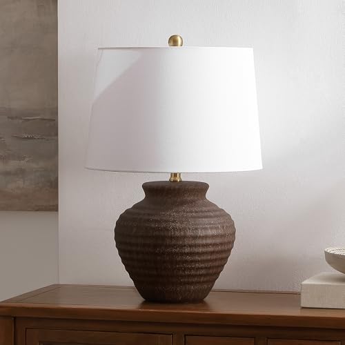 SAFAVIEH Lighting Ledger 22.5" Table Lamp, Dark Brown TBL4352C | Textured Ceramic Base, Fabric Shade, LED Bulb Included, Rustic Farmhouse Style, Easy Assembly - color: Dark Brown
