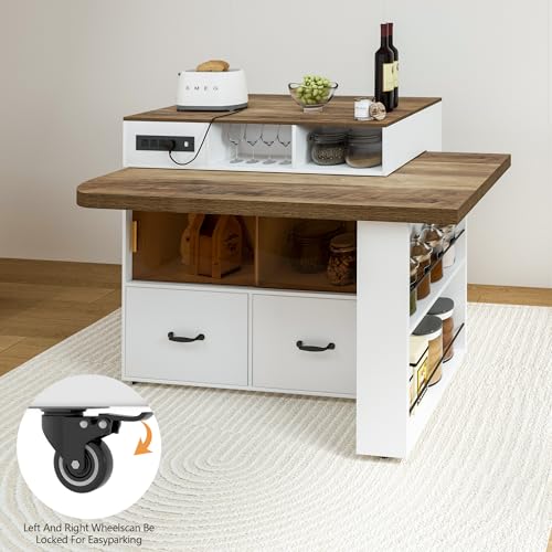 Kitchen Island Storage & Seating, Wheeled & Extendable Table for Kitchen | 360° Swivel Countertop,Built-in Power Outlet,Lockable Casters,Glass Door Storage,Farmhouse Two-tone Finish,White Oak,Drawers
