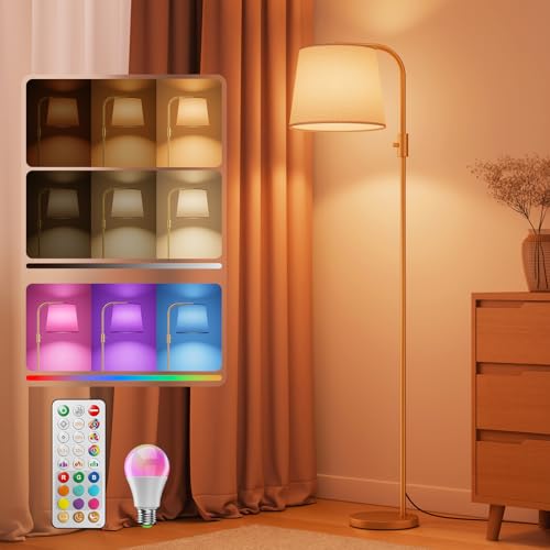 LED Arc Floor Lamp, RGB Color Changing, 65", 350° Swivel Shade | Magnetic remote, 1600K amber & 4000K daylight, 0.1%-100% dimmable, 1200 lm, woven linen shade for living rooms & reading - color: Gold, size: 65"(Remote Control)