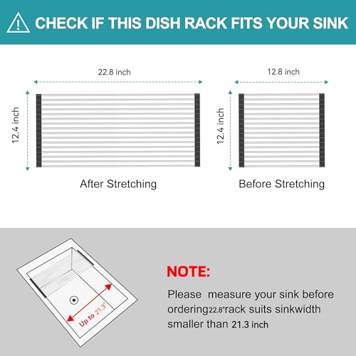 Extra Large Expandable Roll Up Dish Drying Rack,Over The Sink Drying Rack Sink Cover Kitchen Sink Accessories Kitchen Rolling up Stainless Steel Drainer, Foldable,Rollable（Black，22.8''-12.4''） - color: Black