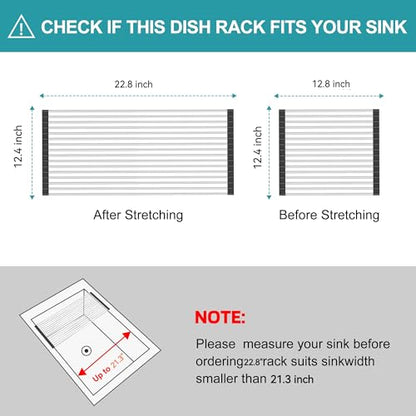 Extra Large Expandable Roll Up Dish Drying Rack,Over The Sink Drying Rack Sink Cover Kitchen Sink Accessories Kitchen Rolling up Stainless Steel Drainer, Foldable,Rollable（Black，22.8''-12.4''） - color: Black