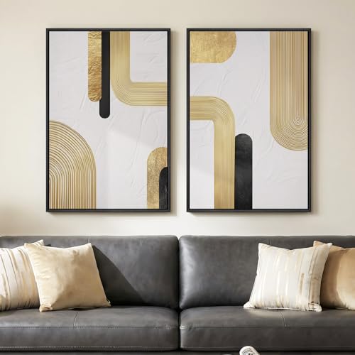 Large Framed Gold Abstract Wall Art Set of 2 for Living Room, Modern Minimalist Luxury Black White Canvas Artwork for Walls, Contemporary Line Painting Print Wall Decor for Bedroom Office, 24x36 Inch - color: White Gold, size: 24" W x 36" H x 2Pcs