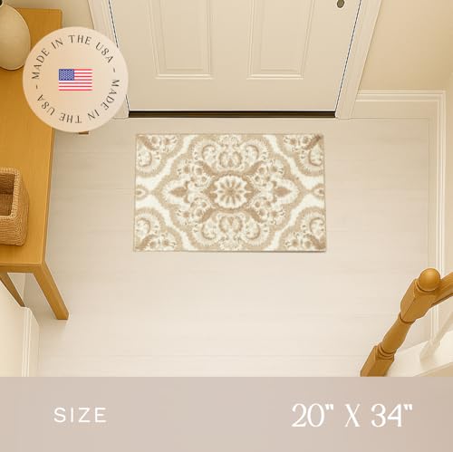 Maples Rugs Vivian Medallion Area Rug – Made in USA – Washable, Non-Slip Indoor Carpet for Kitchen, Entryway, and Living Room, 1'8 x 2'10, Beige - color: Beige, size: 1'8" x 2'10" (Rectangular)