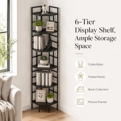 Corner Shelf, 6 Tier Industrial Corner Bookshelf Bookcase, Black | 76.8"Inch Tall,USB LED Light,Anti-Tip Protection, Plant Stand for Living Room, Kitchen, Home Office