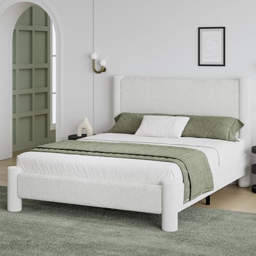 REVOMINCA Queen Boucle Bed Frame with Headboard & Footboard, White | Upholstered platform frame has soft rounded corners, no box spring required and easy assembly. - color: White, size: Queen