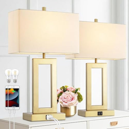 gernehop Gold Table Lamps Set of 2 with Dual USB Ports,3-Way Dimmable Touch Control Bedside Lamps,22inch Tall Modern Bedroom Table Lamp for Living Room,Nightstand LED Bulbs Included - color: 22Inch Whie&Gold