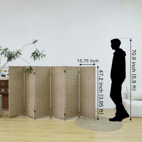 6 Panel Double Sided Short Room Divider for Room Separation, Light Brown Rattan Folding Privacy Screen, Freestanding Partition Screen for Home Office - 3.95 ft Tall - color: Light Brown, size: 6 Panel
