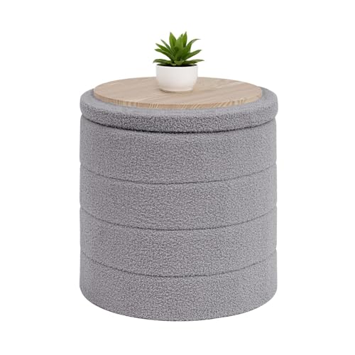 B FSOBEIIALEO Folding Storage Ottoman, Round Sherpa Ottomans, Grey | 16.9" Foldable Ottoman With Tray, Boucle Foot Stool, Small Storage Coffee Table for Living Room, Bedroom, Hallway - color: Grey, size: 16.9"D x 16.9"W x 17.7"H