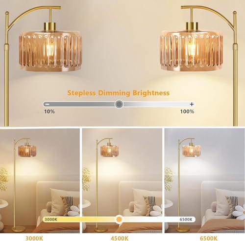 ILLMTW Glass Floor Lamp for Living Room,Bedroom,Gold Mid Century Modern Standing Lamp with Remote,Dimmable Brass Tall Lamp Amber Flower Lamp Vintage Floor Lamps Arc Floor Light Boho Bohemian - size: Floor Lamp-22