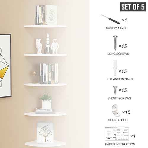 Set of 5 Pieces Corner Mounting Shelf with White, Wood Floating Wall Mounted Storage Shelf for Living Room, Bathroom, Bedroom, Kitchen, Office
