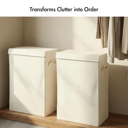 Luxe Slim Collapsible Laundry Hamper with Lid, Beige, 2-Pack, 50L | Polyester Construction, Carry Handles, Removable Liner, Rectangular Shape