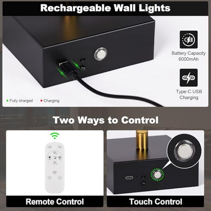 Wall Sconces Set of Two with Remote Control 29.1 in Dimmable Black Gold Battery Operated Wall Lights 350° Ratation 3000K-6000K LED Wireless Rechargeable Sconce for Bathroom Living Room Bedroom - color: Black & Gold, size: 29.1in(2 Pack)