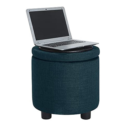 Designs4Comfort Round Accent Storage Ottoman with Reversible Tray Lid - color: Dark Blue Fabric