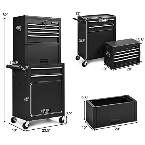 Goplus Tool Chest, 3-in-1 Rolling 6 Drawers Tool Cabinet with Detachable Top Toolbox, Middle Tool Storage, Universal Lockable Wheels, Protective Liner, Auto Lock, Metal Tool Box for Garage Workshop - color: Black, style: 6-Drawers with Middle Box