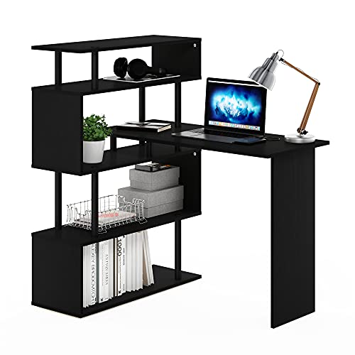 Furinno Classic Desk, 40" Wide L-Shape Gaming Desk, Computer Desk, Writing Desk with 5-Tier S-Shaped Side Shelves for Home Office, Study Room, Dorm, Bedroom, Americano - color: Americano/Black, style: 5-Tier Side Shelves