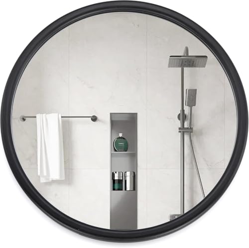 LVMU Round Walnut/Oak Frame Wall Mirror 20x20 Inch Woodgrain Framed Farmhouse Decorative Brown Circle Mirrors for Bathroom Rustic Hanging Vanity Mirror Hallway Entryway Bedroom (Black, 20" L x 20" W) - color: Black