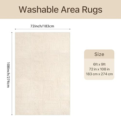 GENIMO Beige Rug 6x9 Washable Area Rugs for Living Room, Soft High Low Pile | Fluffy Shag Carpet, Cream Solid, Modern 3D Arch Textured, Throw Accent, Bedroom Dining Room Nursery Playroom Office, Non Slip - color: Arch Beige, size: 6' x 9' (Rectangular)
