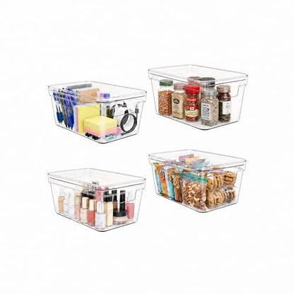 MOONEDGE 4-Pack 10x6x5 Stackable Small Clear Storage Bins with Lids | Plastic small item organizer containers with handles for vanity, craft, office, fridge, kitchen, pantry, bathroom and closet - size: 4 Pack