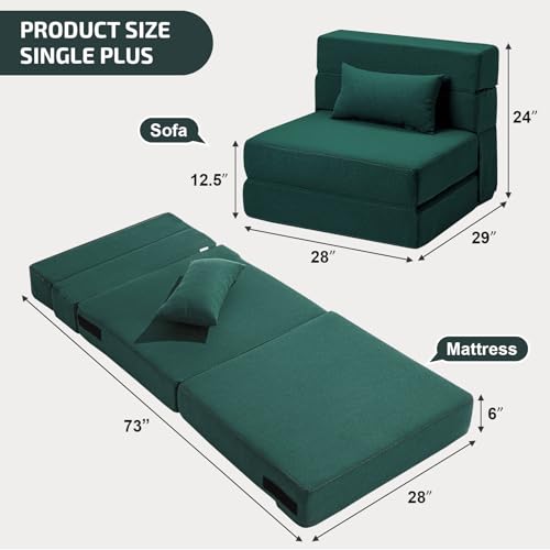 SUYOLS Folding Sofa Bed with Pillow- Convertible Chair Floor Couch & Sleeping Mattress, Foldable Memory Foam Sleeper for Living Room/Dorm/Guest Room/Home Office/Apartment/Loft, Single28, Dark Green - color: Dark Green, size: Single(28" Width)