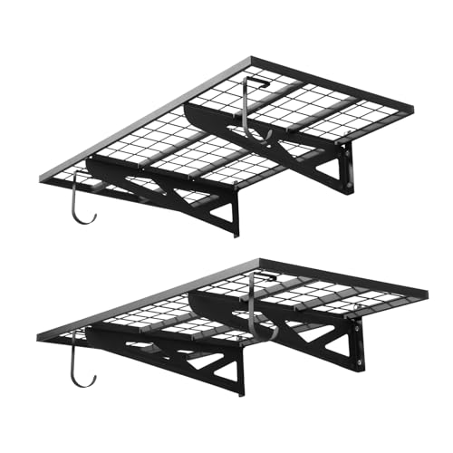 VEVOR 2-Pack Heavy Duty Garage Wall Shelving, 2 x 4 ft Steel Wall Mounted Shelving Unit with Hooks, 24 x 48 Inch Per Shelf Floating Storage Metal Rack for Garage, 500 lbs Total Weight Capacity - size: 2×4 ft