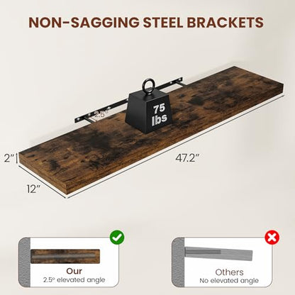 Vivelove Deep Floating Shelves 48x12” Set of 2, Rustic Brown | Easy Install With Hardware, 2" Thick, Invisible Brackets, Wall Mounted, No Sagging, For Any Room - color: Rustic Brown, size: 48”wx12”dx2”h