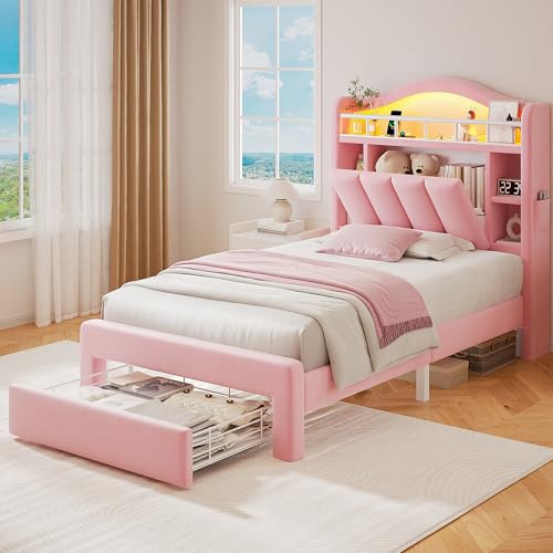 Twin LED Bed Frame with Storage Headboard & 2 Storage Drawers, Princess Velvet Upholstered Bed with Vertical Tufted Headboard Design for Girls, USB & Type-C Charging Ports, Wooden Slats Support, Pink - color: Pink, size: Twin
