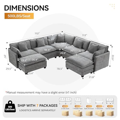113'' V Shaped Cloud Sectional Sofa, Oversized Deep Seat Couches for Living Room, Chenille Comfy Upholstered Modular Sectional Sofa Couch with 2 Movable Ottoman, Grey - color: Grey, size: 113'' V Shaped+2 Ottoman