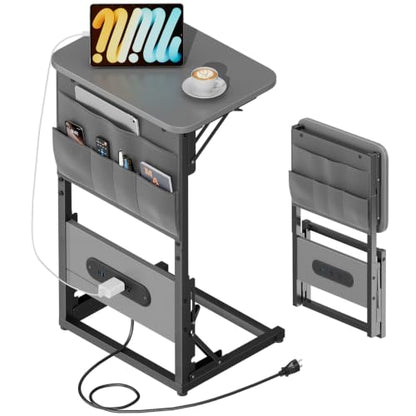 HLDIRECT C Shaped End Table with Charging Station & Storage Bag Gray | 2 USB & 2 Outlets, Storage Bag, FSC Wood, Foldable, 11.8"D x 15.7"W, for Small Spaces, Couch, Bedroom - color: Grey