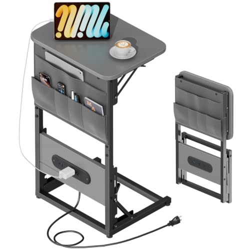 HLDIRECT C Shaped End Table with Charging Station & Storage Bag Gray | 2 USB & 2 Outlets, Storage Bag, FSC Wood, Foldable, 11.8"D x 15.7"W, for Small Spaces, Couch, Bedroom - color: Grey