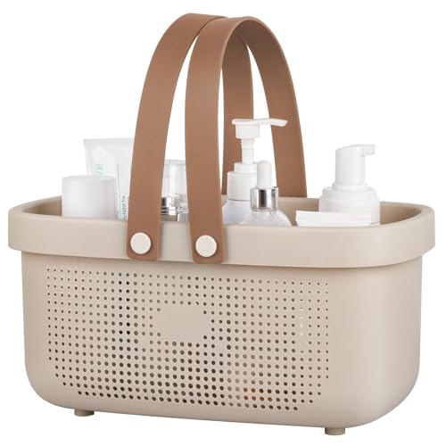Portable Shower Caddy Basket with Handles Plastic Storage Basket Beige | Sturdy Drainage Large Capacity Organizer Basket with Silicone Handles for Bathroom Kitchen Bedroom College Dorm Essentials - color: Beige, size: Large