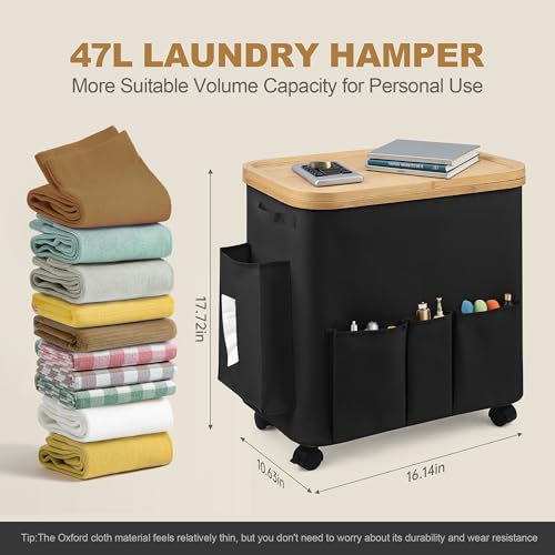 50L Small Clothes Hamper, Small Landry Hamper with Lid Rolling Collapsible Laundry Hamper with Detachable Wheels Bamboo Frame 7 Oxford Storage Pockets for Bathroom Bedroom Salon RV, Black - color: Black