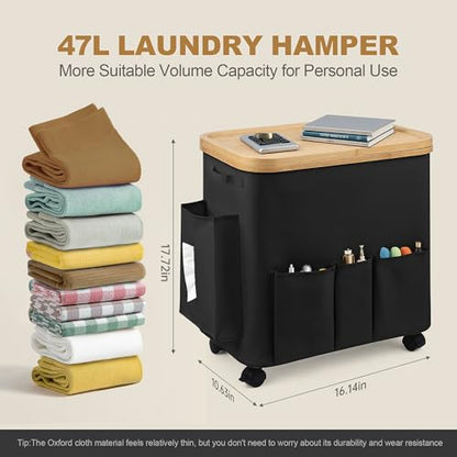 50L Small Clothes Hamper, Small Landry Hamper with Lid Rolling Collapsible Laundry Hamper with Detachable Wheels Bamboo Frame 7 Oxford Storage Pockets for Bathroom Bedroom Salon RV, Black - color: Black