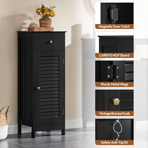 Yaheetech Small Bathroom Storage Cabinet with Drawer & Louvered Door, Black | Slim Free Standing Floor Cabinet Organizer by a Pedestal Sink or Toilet, Hides Tissue and Towels, Shelf inside, MDF Build