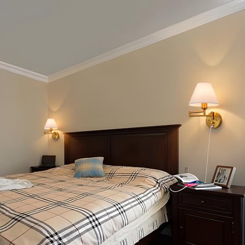 Swing Arm Wall Sconces, Plug-in Wall lamp,Bedroom Wall lamp ， White Fabric Shade，，with dimmable Switch and USB Charging Port, Suitable for Bedside, Living Room, Reading (Golden) - color: Golden