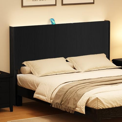 King Size Headboard with Outlets&Lighting, Black 80" W Headboard Only, Mid Century Modern Freestanding Fluted Headboard Noise-Free with Storage - color: Black, size: King