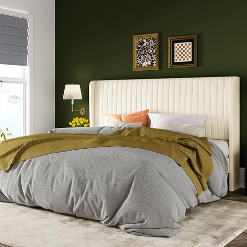 Allewie King Size Velvet Bed Frame/Vertical Channel Tufted Wingback Headboard/Upholstered Platform Bed/No Box Spring Needed/Strong Wooden Slats/Easy Assembly/Cream White - color: Cream White, size: King
