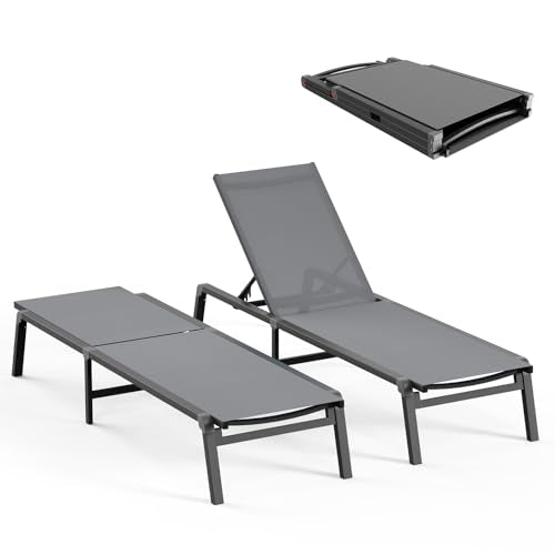 Patio Chaise Lounge Chair, Foldable Lounge Chair for Outside, Aluminum Chairs Set of 2 with 5 Adjustable Backrest, Outdoor Pool Lounger for Poolside, Lawn, Deck, Grey - color: Grey, size: 2 Packs