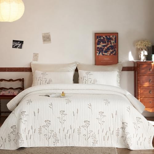MarCielo 3pcs Cotton Quilt Set, White Floral | Bedspread Coverlet, With Shams - color: White Wildflower, size: Queen (98" x 90")