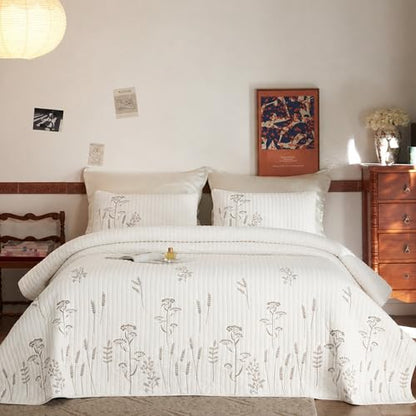 MarCielo 3pcs Cotton Quilt Set, White Floral | Bedspread Coverlet, With Shams - color: White Wildflower, size: Queen (98" x 90")