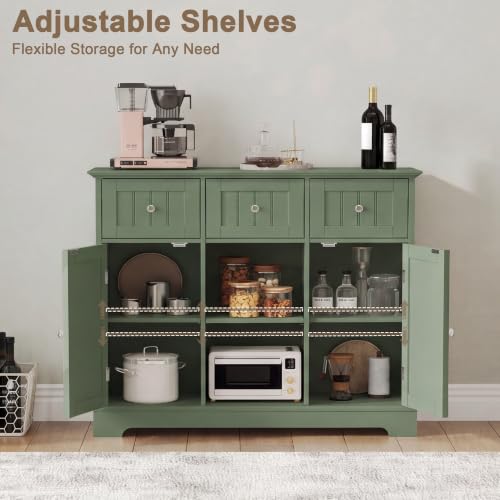 ChooChoo 35.4" Coffee Bar Cabinet with 3 Drawers and 2 Doors, Green | Buffet Cabinet with Adjustable Shelves, Storage Cabinet for Compact Kitchens, Dining rooms and Living rooms - color: Green