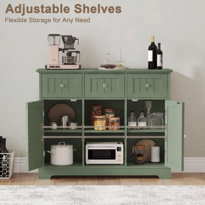 ChooChoo 35.4" Coffee Bar Cabinet with 3 Drawers and 2 Doors, Green | Buffet Cabinet with Adjustable Shelves, Storage Cabinet for Compact Kitchens, Dining rooms and Living rooms - color: Green