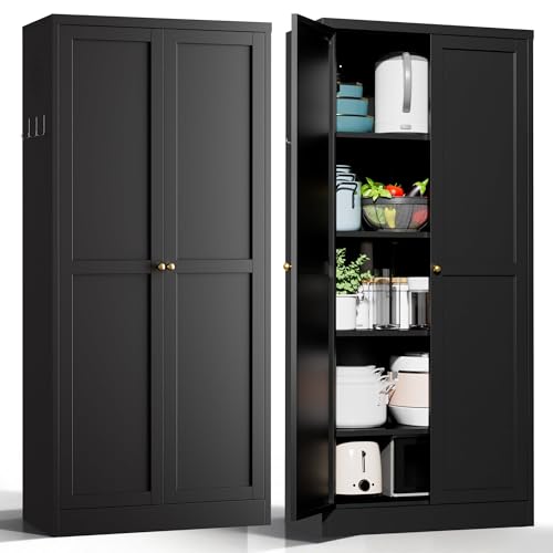 AQY Metal Pantry Cabinet, 61" Black Kitchen Storage Cabinet with Doors | 4 Adjustable Shelves Freestanding Storage Metal Cabinet Kitchen & Living Room Organization - color: Black, style: H61" - 2 Doors Hooks & Vents