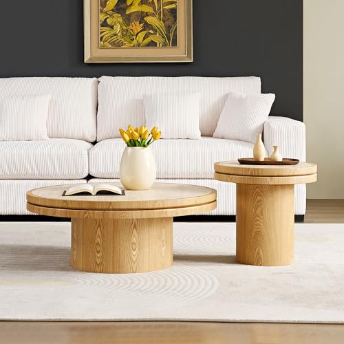 19.49 Round Side Table with Sintered Stone Tabletop & Sturdy Base, Modern MDF Circle Small Coffee Table Double Layer Tabletop End Table for Living Room, Easy Assembly - Natural - color: 19.49" Side Table With Sintered Tabletop,natural