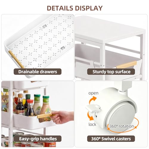 5 Tier Slim Rolling Storage Cart with Pull-Out Drawers, White | Narrow Utility Organizer Cart, Wooden Top, Wheels, For Small Spaces, Kitchen, Bathroom, Laundry Room - color: White