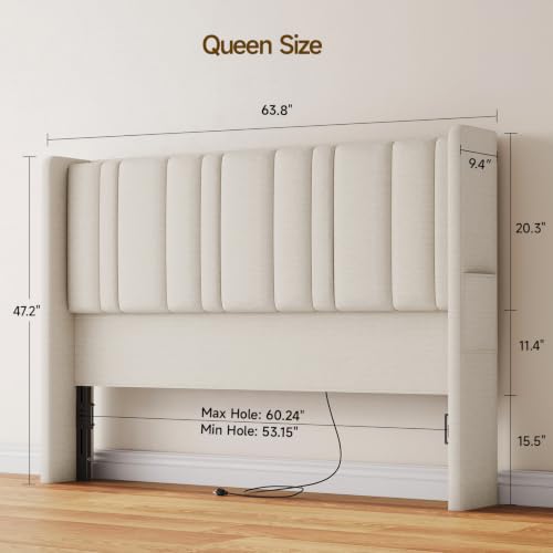 Queen Size Headboard with Storage, LED Light, Linen Vertical Wingback Headboard with Charging Station, Upholstered Head Board Queen w/High-Density Sponge Padding, 2 Storage Pockets, Off White | Linen Vertical Wingback Headboard w/ Charging Station, Uphols