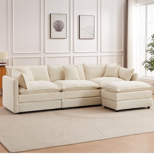 Modular Sectional Sofa, 112.2 Inch L Shaped Couch Set with Armrests, 3-Seater Comfy Cloud Couches with Movable Ottoman for Living Room Apartment, Beige - color: Beige, size: 112'' - L Shape
