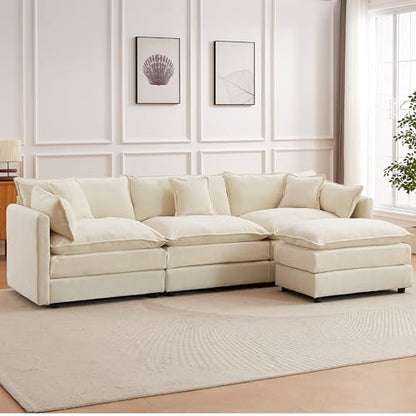 Modular Sectional Sofa, 112.2 Inch L Shaped Couch Set with Armrests, 3-Seater Comfy Cloud Couches with Movable Ottoman for Living Room Apartment, Beige - color: Beige, size: 112'' - L Shape