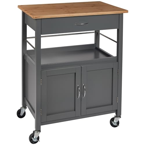 Kitchen Island Cart on Wheels, Gray Base, Natural Bamboo Top | Drawer, Storage Cabinet, Shelf, Butcher Block - color: Grey Base
