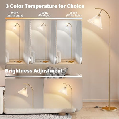 Gold Floor Lamp with Remote, Dimmable Glass Arc Standing Lamp, Ribbed Frosted Glass Shade, 3 Color Temperatures, Foot Switch, 9W LED Bulb for Living Room Bedroom Office - color: Gold