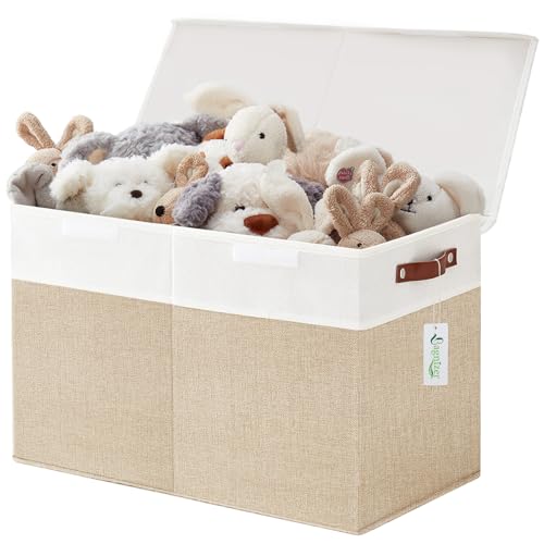 Large Toy Storage Box with Lids, Collapsible Sturdy Baby Storage Organizer Chest Bin Basket for Kids, Boys, Girls, Playroom, Nursery, Bedroom, Closet 25"x13"x16" (Beige and White) - color: Beige and White